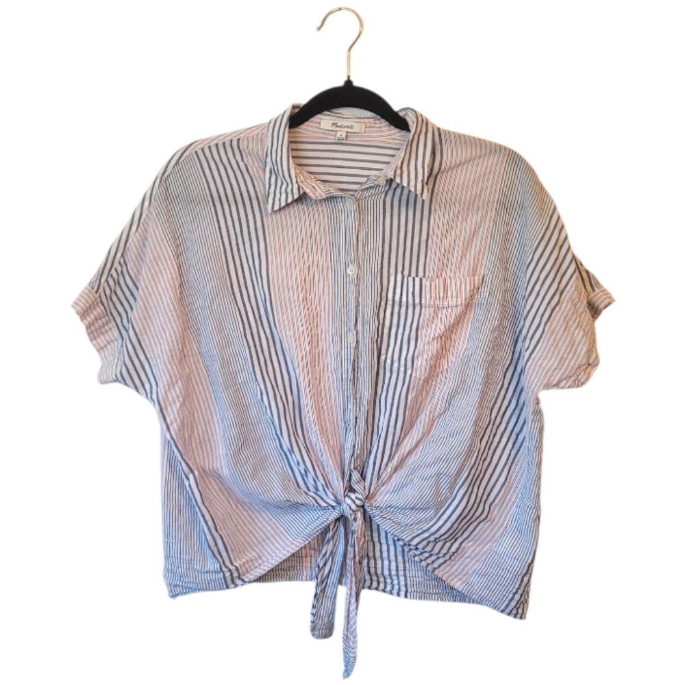 Madewell Women's Red White And Blue Stripe Cotton Tie Front Blouse Size M